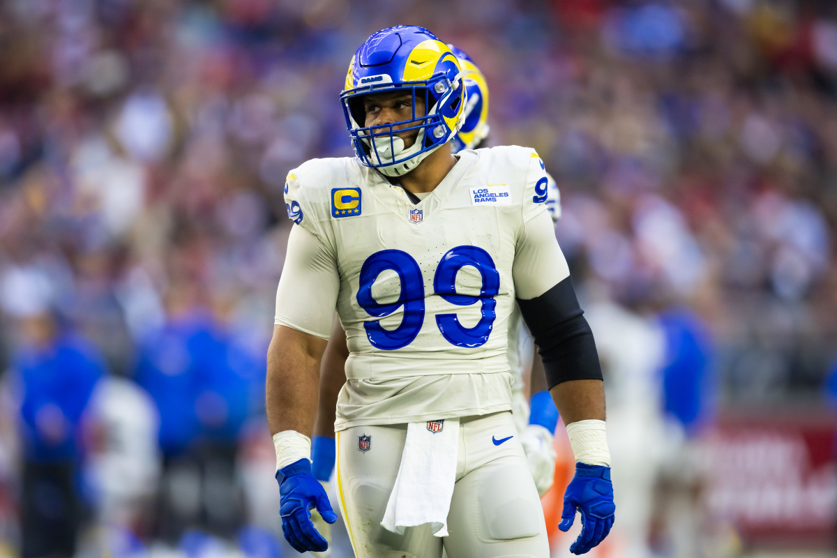 Nov 26, 2023; Glendale, Arizona, USA; Los Angeles Rams defensive tackle Aaron Donald (99) against the Arizona Cardinals at State Farm Stadium.